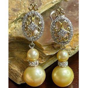 14KT White/Yellow Gold Diamond/Gold Pearl Dangle/Drop Earrings